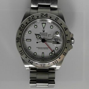Estate Rolex Sport Year: 2005
Vendor Style #: 16570 Explorer II SN: F964338 Oyster
40mm StainlessSteel
Dial: White plots 
Box Included/Papers Included
Condition Very good
1 Year Warranty