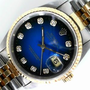 Estate Rolex Dress Year: 1991
Vendor Style #: 16233 Datejust 36 SN: X117730 Jubilee
36mm 18K/Stainless Steel
Dial: Blue Vignette diamond
Box Included/Papers Not Included
Condition Good
1 Year Warranty