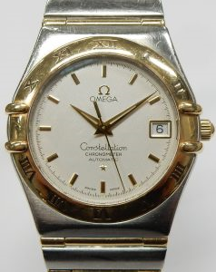 Gents Omega Constellation our old stock E4215 1202.30.00 SN 60383785 with box, papers, and 2023 service papers.