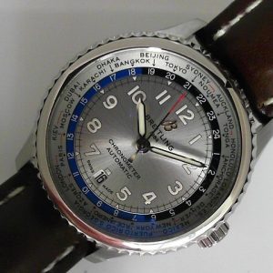 Estate Breitling Sport 
Vendor Style #: AB3521 World TImer SN: 4335462 
43mm StainlessSteel, BIRKS. Extra OEM crocodile strap and buckle.
Dial: Silver blue Arabic 
Box Included/Papers Included
Condition Like new
1 Year Warranty