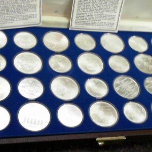 Sterling silver 1976 Olympic coin set 28 piece 30.35 oz. net weight fine silver.
1020.60 grams (32.8167 oz.) gross weight sterling silver.
Spot silver plus 5% HST included.