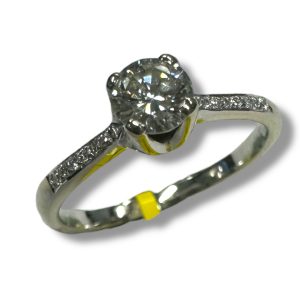 Estate Diamond Engagement Ring 
14 Karat White Estate Engagement Ring 
Finger Size 7.5 Gram Weight 2.47 
1 Center Diamond 0.43ct Shape: Round; Clarity: VS; Colour: K With 12 Round Diamonds 0.43