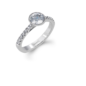 Diamond Semi-Mount Ring 
18 Karat White Ring 
Finger Size 6 
 Center Diamond Shape: Round; Clarity: VS1; Colour: F/G 0.27