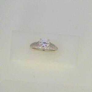 Diamond Semi-Mount Ring 
14 Karat White Ring Width 2.3mm 
Finger Size 6.5 
1 Center Cubic Zirconium Shape: Round Round Diamond 0.24 ctw 0.24