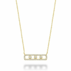 Diamond Pendant/Necklace 
14 Karat Yellow Diamond Pendant 
 Chain Style: Cable Link 14 Karat Yellow Length: 18in 
3 Center Diamonds Shape: Round With 36 Round Diamonds 0.18 ctw 0.25