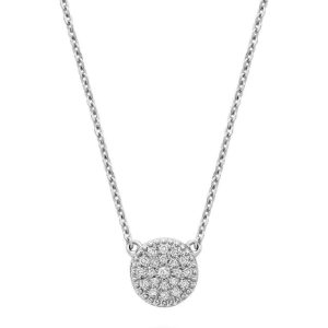Diamond Pendant/Necklace 
14 Karat White Diamond Pendant 
 Chain Style: Cable Link 14 Karat White 
21 Center Diamonds Shape: Round 0.08