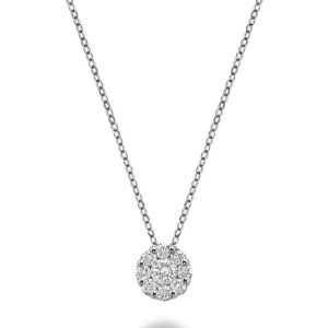 Diamond Pendant/Necklace 
14 Karat White Diamond Pendant 
 Chain Style: Cable Link 14 Karat White Length: 18in 
9 Center Diamonds Shape: Round 0.35
