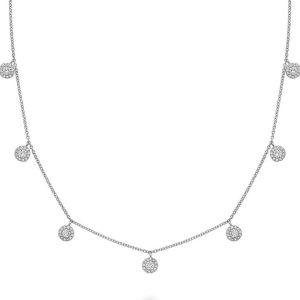 Diamond Pendant/Necklace 
14 Karat White Diamond Pendant 
Gram Weight 1.37 Chain Style: Cable Link 14 Karat White Length: 18in 
7 Center Diamonds Shape: Round 0.7