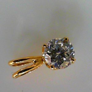 Estate Diamond Pendant/Necklace 
14 Karat Yellow Estate Diamond Pendant 
Gram Weight 0.5 Chain Style: No Chain 
1 Center Diamond 0.57ct Shape: Round; Clarity: I1; Colour: I 0.57