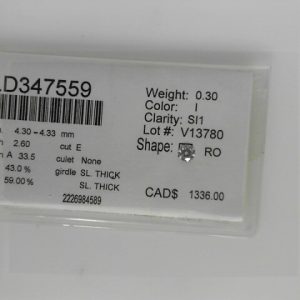Estate Loose Diamond 
1 Diamond 0.30tw Shape: Round Clarity: SI1 Colour: I 
GIA 2226984589