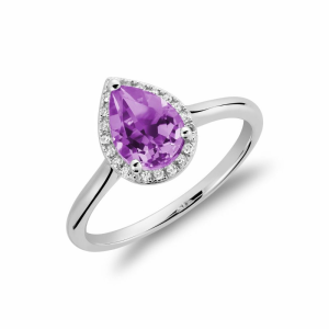 Amethyst Ring 
10 Karat White Amethyst Ring With Finger Size 6.5 
Width 1.54mm Gram Weight 2.08 
1 Center Amethyst 1.55ct Shape: Pear With 20 Round Diamonds 0.06 ctw