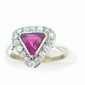 Sapphire Estate Ring 
Platinum White Purple Sapphire Ring With Finger Size 5.5 
 Gram Weight 2.74 
1 Center Sapphire 0.66ct Shape: Trillian; Colour: Purple With 16 Round Diamonds 0.40 ctw
