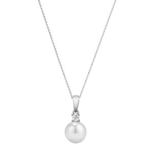 Pearl Pendant 
14 Karat White White Pearl Pendant 
 Chain Style: Fancy Link 14 Karat White Length: 16in 
1 Center Pearl Shape: Round; Colour: White With 1 Round Diamond 0.10 ctw