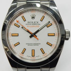 Estate Rolex Dress Year: 2008
Vendor Style #: 116400 Milgauss SN: V210781 Oyster
40mm StainlessSteel
Dial: Milgauss 
Box Included/Papers Not Included
Condition Very good
1 Year Warranty