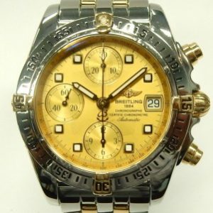 Estate Breitling Chronograph 
Vendor Style #: Vreitling Chrono Cockpit B13357 Valjoux 7750 SN: 796977 
39mm 18K/Stainless Steel
Dial: Gold 
Box Not Included/Papers Not Included
Condition Good
1 Year Warranty